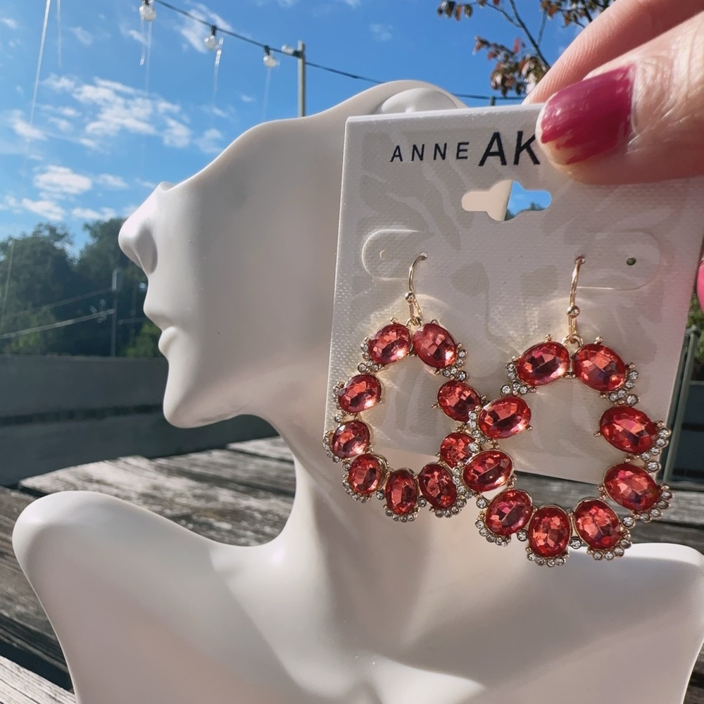 Anne Klein drops earrings orange stones silver tone crystal paved circles - Picture 3 of 5